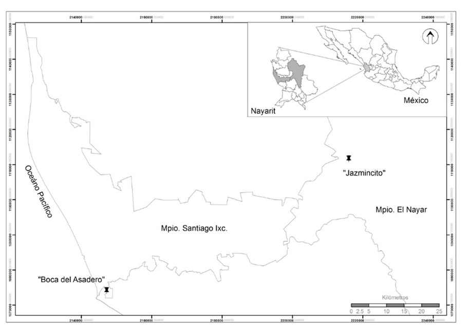Ubicacin geogrfica de las dos comunidades estudiadas: Boca del Asadero y Jazmincito, Nayarit, Mxico
