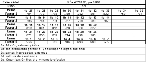 Cargas factoriales del
instrumento: criterios de liderazgo.