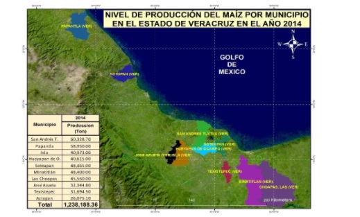 Mapa productivo de maíz en Veracruz 2014