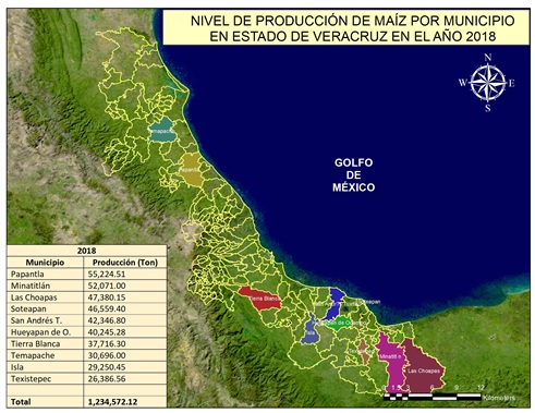 Mapa productivo de maíz en Veracruz 2018