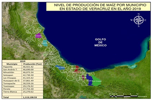 Mapa productivo de maíz en Veracruz 2019