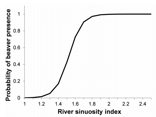 The probability of presence of the invasive North American beaver (Castor canadensis) in the Brunswick Peninsula, southern Chile, was found to be predictable as a function of river sinuosity, with a greater than 50% chance of occupation occurring at sites with a sinuosity index higher than 1.51.