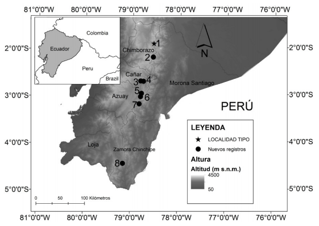 Localidades de registro de Cavia patzelti en Ecuador. 1: Alao, localidad tipo (Schliemann, 1982); 2: Cisnián; 3: Zona Alta Tomebamba; 4: Bulán; 5: Guel; 6: La Merced; 7: Matanga; 8: Tapichalaca.