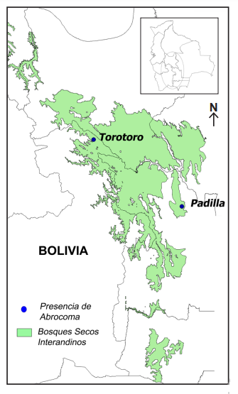 Mapa de localidades de registro de Abrocoma boliviensis reportados en esta nota.
