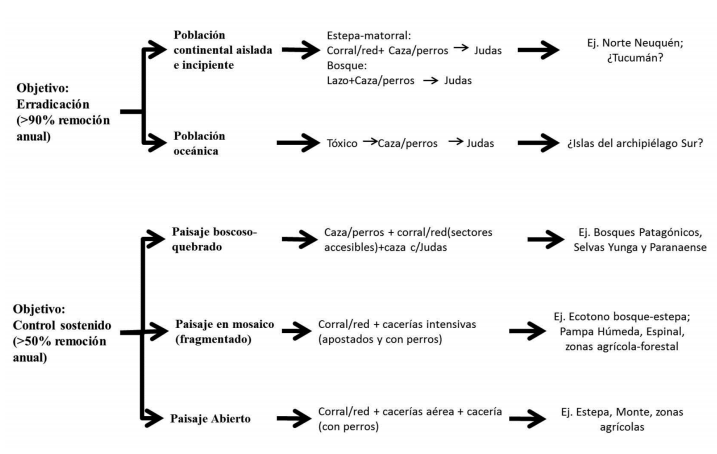 Esquemas de control propuestos para los distintos escenarios de invasi&oacute;n y ecorregiones de Argentina basado en la revisi&oacute;n de experiencias internacionales. Con signo positivo (+) y con flecha se indica la aplicaci&oacute;n conjunta o consecutiva, respectivamente. Los signos de interrogaci&oacute;n corresponden a escenario donde no est&aacute; fehacientemente confirmada la especie.