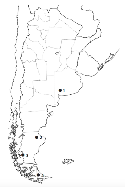 Mapa de ubicación de las poblaciones de caballos cimarrones en la Argentina. 1: Parque Provincial Ernesto Torquist, 2: Parque Nacional Bosques Petrificados de Jaramillo, 3: Parque Nacional Los Glaciares y 4: Parque Nacional Tierra del Fuego.