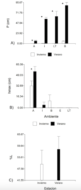 Disponibilidad de refugio en estaciones contrastantes para los distintos ambientes presentes en el área de estudio. a) Profundidad media de agua (P). b) Altura máxima (h max.) de la vegetación graminiforme teniendo en cuenta la espiga. c) Cobertura de leñosas en el embalsado. A: alto, I: interfase, LT: lagunas temporarias, B: área limnética, E: embalsado. *indica diferencias significativas entre las estaciones (p<0.05).