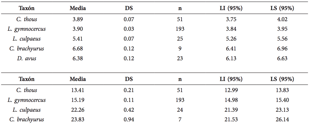 Intervalos de confianza de los valores del ancho (tabla superior) y alto (tabla inferior) de la corona de los caninos superiores de los cánidos silvestres de la región incluidos en este estudio más L. culpaeus. Los valores están expresados en mm.