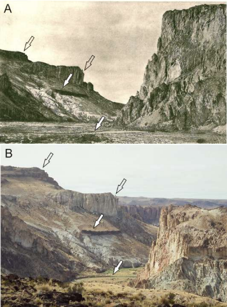 Confluencia del ca&ntilde;ad&oacute;n Caracoles y el r&iacute;o Pinturas (vista hacia el SE siguiendo el curso del Pinturas), lugar visitado por la dupla Hatcher-Colburn en la regi&oacute;n noroeste de la provincia de Santa Cruz, Argentina: A) Reproducci&oacute;n de la figura 30 de Hatcher (1903) etiquetada originalmente como &ldquo;Ca&ntilde;on of Arroyo Gio&rdquo;; B) Vista del mismo punto obtenida por uno de los autores (MIC) en 1999. Las flechas se&ntilde;alan rasgos comunes entre las im&aacute;genes; mientras que la foto de Hatcher est&aacute; tomada con el operador en el valle del ca&ntilde;ad&oacute;n Caracoles, la otra lo ha sido desde un punto de observaci&oacute;n m&aacute;s elevado.