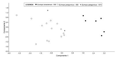 Representa&ccedil;&atilde;o gr&aacute;fica da An&aacute;lise de Componentes Principais &ndash; PCA (Componentes 1
e 2), gerado a partir das medidas morfom&eacute;tricas de Eumops bonariensis e Eumops
patagonicus obtidas de dados bibliogr&aacute;ficos (BIB) e dos animais
provenientes do munic&iacute;pio de S&atilde;o Francisco do Sul (SFS), no litoral norte de
Santa Catarina, sul do Brasil.