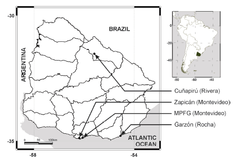 Locations in Uruguay where colonies of T. brasiliensis were seasonally sampled for sex composition: Cuapir industrial complex, Department of Rivera; Zapicn residential complex, Department of Montevideo; Museo y Parque Fernando Garca (MPFG), Department of Montevideo; and Garzn lagoon, El Caracol resort, Department of Rocha.