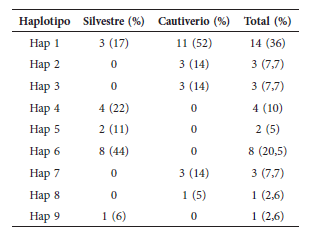 Distribuci&oacute;n de haplotipos en las
poblaciones de estudio (Silvestre n = 18 y
Cautiverio n = 21) y para el total de individuos (n = 39).