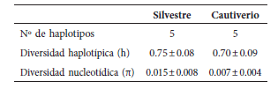 &Iacute;ndices de diversidad gen&eacute;tica en ambos
grupos Silvestre y Cautiverio, con sus respectivos desv&iacute;os est&aacute;ndar.