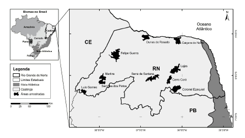 
Localização das 10 áreas prioritárias para a conservação da Caatinga do Rio
Grande do Norte, nordeste do Brasil, onde foram realizados levantamentos de
mamíferos de médio e grande porte (para mais informações sobre as áreas
acessar: https://brasil.wcs.org/pt-br/Lugares-naturais/Projeto-Caatinga.aspx).
Embora Martins e Serrinha dos Pintos componham uma mesma área prioritária,
estas áreas foram amostradas de forma independente. 

 