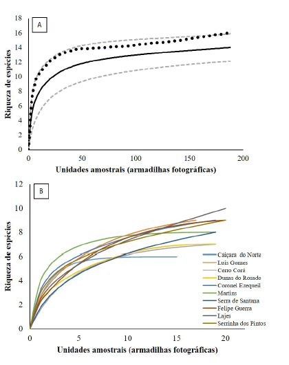Curva de
acumulação de espécies observada (linha preta) com intervalo de confiança de
95% (linhas tracejadas cinzas) e curva de riqueza estimada por Jacknife 1
(círculos pretos) para a comunidade de mamíferos de médio e grande porte de 10
áreas prioritárias da Caatinga do Rio Grande do Norte, nordeste do Brasil (A);
também são apresentadas individualmente as curvas de acumulação de espécies
para cada uma das 10 áreas prioritárias para a conservação estudadas (B).