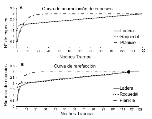 Curva de acumulación de especies (A) y curva de rarefacción (B) para los tres ambientes de la Puna Desértica, Reserva de Usos Múltiples Don Carmelo, San Juan, Argentina. En B el punto negro indica el total de la riqueza capturada para todas las muestras acumuladas.