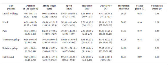 Kinematic parameters for the different gaits performed by maras Dolichotis patagonum. Different letters indicate statistically significant differences p < 0.05 between gait parameters.