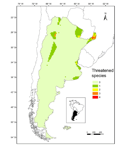 Map of Argentina showing the superimposed distribution of threatened species of sigmodontine rodents.