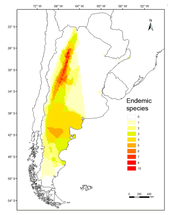 Map of Argentina depicting the superimposed distributions of endemic species of sigmodontine rodents.