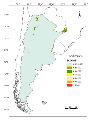 Map of Argentina depicting endemism scores for sigmodontine rodents.
