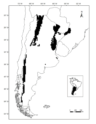 Map of Argentina depicting &ldquo;top hotspots&rdquo; (= black cells) for sigmodontine rodents.
