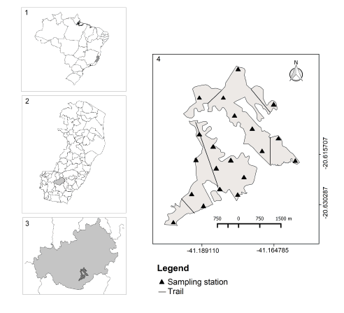 Map of Brazil, the state of Espírito Santo, the municipality of Castelo, and the location of Mata das Flores State Park. 