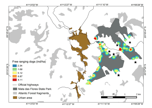 Map with the spatial distribution of the individuals of domestic dogs recorded in the Mata das Flores State Park,Espírito Santo, Brazil. Sampling from January 2017 to May 2017. Black stars representing human settlements locations.