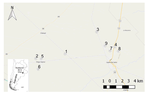 Geographic locations of the nine poultry farms studied in Exaltaci&oacute;n de la Cruz, Buenos Aires, Argentina.