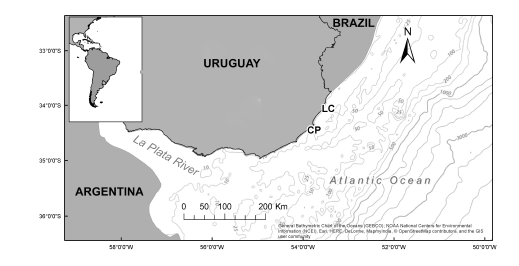 Study area of La Coronilla (LC) – Cerro Verde and Cabo Polonio (CP), Rocha Department, Uruguay. 