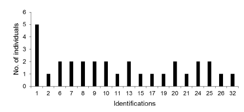 Frequency distribution of identifications per individuals (including re-identifications) from encounters on 75 days, between 2007 and 2009, La Coronilla-Cerro Verde and Cabo Polonio, Uruguay. 