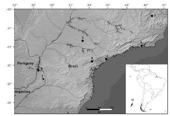 Location of records of Glyphonycteris sylvestris in the Atlantic forests from Brazil (1-6) and a new record for Argentina (7). All numbered localities are listed in Table 2. 