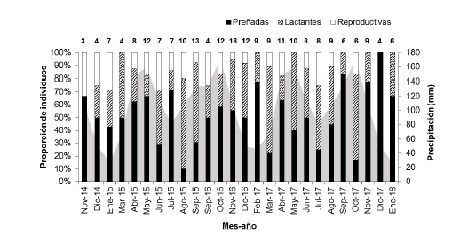 Proporción de hembras preñadas, lactantes y reproductivas de Rhipidomys fulviventer y promedio de lluvia mensual durante todo el muestreo. Los números encima de las barras denotan el número de hembras en ese mes (capturas y recapturas). Octubre del 2014 no se incluyó porque solo se capturó 1 hembra. 
