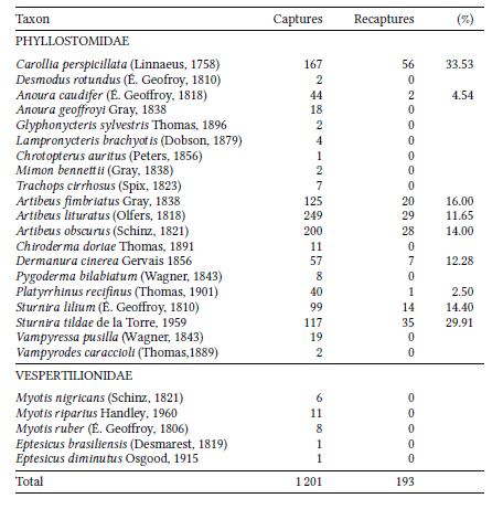 Bat species captured in the Reserva Particular do Patrim�nio Natural Salto Morato (RNSM), located in Guaraque�aba, northern coast of Paran� state. Recaptures are expressed in absolut numbers and in percentages (%).