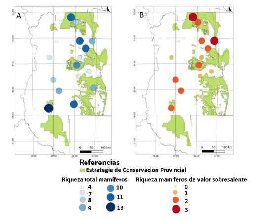 Mapas de riqueza de especies por localidad (A) y riqueza de especies de valor biol�gico sobresaliente por localidad (B). C�rculos m�s grandes y de coloraci�n m�s oscura indican mayor n�mero de especies. En verde se muestra la Estrategia Provincial de Conservaci�n, que incluye �reas protegidas provinciales, y �reas con categor�a roja y amarilla del Ordenamiento Territorial de Bosques Nativos de Mendoza.