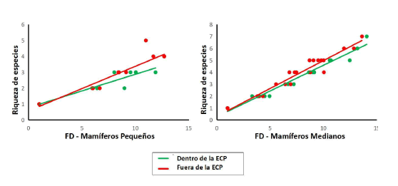 Regresi�n lineal entre la riqueza funcional (�ndice FD) y la riqueza espec�fica (n�mero de especies) de mam�feros peque�os (izq) y mam�feros medianos (der) para localidades dentro de la ECP (verde) y fuera de ella (rojo).
