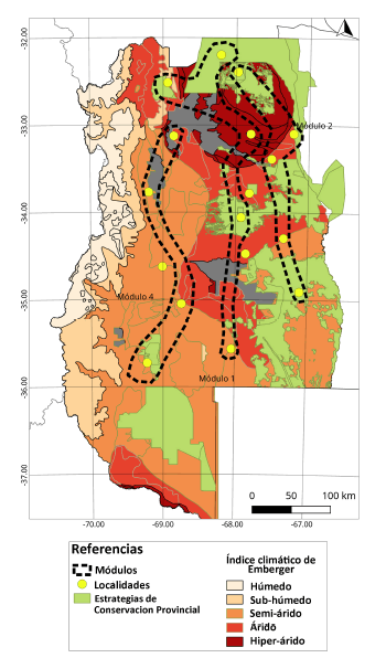 Mapa de la localizaci�n espacial de los m�dulos conformados por el an�lisis de modularidad para la porci�n del Monte de la Provincia de Mendoza. Las l�neas puntedas agrupan las localidades que conforman cada m�dulo.En verde se representa la ECP y en tonos rojizos el �ndice clim�tico de Emberger.