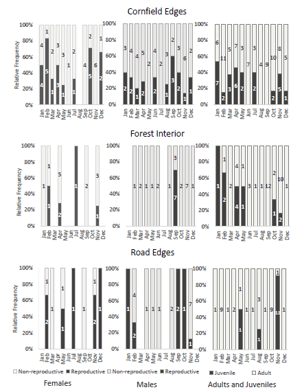Relative frequency of reproductive and non-reproductive individuals throughout the year in the three treatments in the Serra do Ouro Branco.