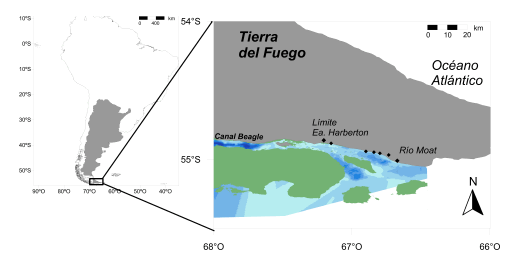 �rea de estudio en el sector argentino del Canal Beagle, Tierra del Fuego. La l�nea punteada indica la zona donde se realizaron las observaciones desde la costa. Entre los l�mites de la zona de estudio (L�mite Estancia Harberton y R�o Moat) se encuentran indicados los cinco sitios fijos utilizados para las observaciones (puntos focales). El gradiente de color indica el incremento de profundidad (en un rango aproximado de 50 metros) desde el m�s claro al m�s oscuro.