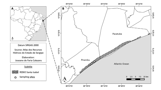 Brazil with the State of Sergipe highlighted (A), location of the Reserva Biol�gica de Santa Isabel between the municipalities of Pirambu and Pacatuba, according to ICMBIO (2018), and the sampling sites (B). Source: Calazans & Bocchiglieri (2019).