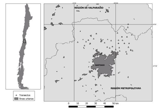 Área para el estudio dietario de Lycalopex culpaeus, situada en las regiones Metropolitana de Santiago y de Valparaíso, Chile. El mapa en el panel izquierdo muestra el área de estudio en el contexto nacional.