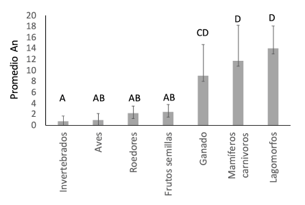 Variación de la abundancia numérica An (promedio ± desviación estándar) para los diferentes ítems consumidos por Lycalopex culpaeus. Las letras sobre las barras indican diferencias significativas luego de realizar una prueba de ANOVA y comparaciones a posteriori (p<0.05).