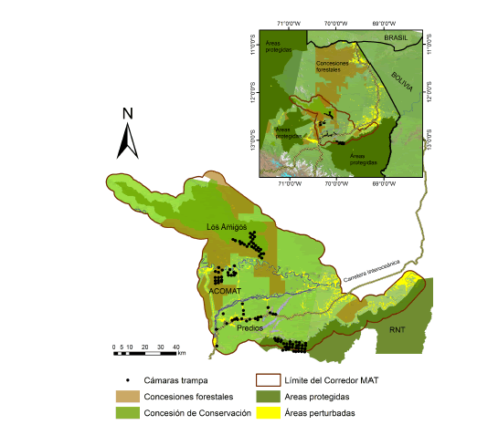 Ubicaci�n de las c�maras trampas en el �rea de estudio en el corredor MAT.