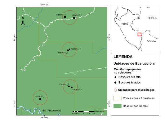 Unidades de evaluación en bosques con tala selectiva de impacto reducido y bosques control. Elaboración con el software ArcGIS 10.1 (ESRI).