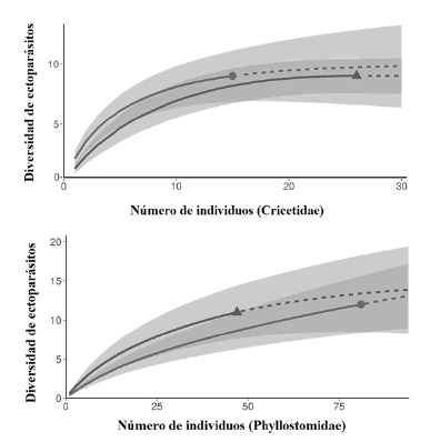 Riqueza estimada de ectoparásitos mediante curvas R/E (interpolación-extrapolación) en base a incidencia en hospedadores de bosques talados (.._) y sin tala (•). Riqueza estimada de ácaros (Laelapidae) en hospedadores roedores cricétidos (arriba), y de moscas de murciélagos (Streblidae) en hospedadores filostómidos (abajo).