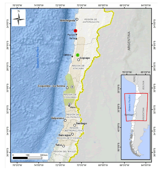 Localizacin del registro de la chinchilla de cola larga (Chinchilla lanigera) en el sector al norte de Paposo en septiembre de 2020. Se indica el nuevo registro (crculo rojo), el registro previo de lmite norte en la Regin de Atacama (crculo verde, Valladares et al. 2014), los registros en la regin de Coquimbo (crculos grises, Jimnez 1990) y la distribucin histrica (zona achurada, Grau 1986). Se indica, adems, el mapa de distribucin actual segn UICN (zona en verde claro, Roach & Kennerley 2016).