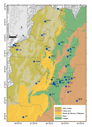 Mapa del �rea de estudio con la ubicaci�n geogr�fica de los sitios de colecta de egagr�pilas de la lechuza del campanario (Tyto furcata), el b�ho magall�nico (Bubo magellanicus) y un depredador no identificado. Las siglas de las localidades corresponden a las de la Tabla 1.