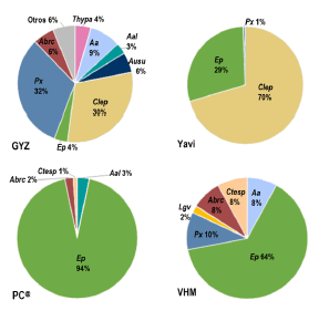 Porcentajes de especies m�s abundantes en las localidades correspondientes a la Puna. Aa: Abrothrix andina, Aal: Akodon albiventer, Ausu: Auliscomys sublimis, Clep: Calomys lepidus, Px: Phyllotis xanthopygus, Ep: Eligmodontia puerulus, Abrc: Abrocoma cinerea, Ctesp: Ctenomys sp., Lgv: Lagidium viscacia, Thypa: Thylamys pallidior.