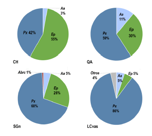 Porcentajes de especies m�s abundantes en las cuatro localidades de los Altos Andes. Aa: Abrothrix andina, Ep: Eligmodontia puerulus, Px: Phyllotis xanthopygus, Abrc: Abrocoma cinerea.