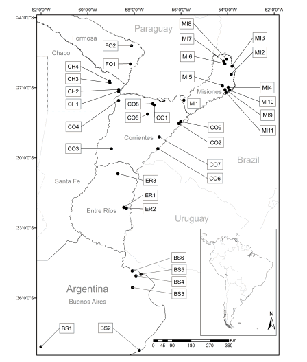 Localities corresponding to six political provinces: Buenos Aires (BS), Entre Ros (ER), Corrientes (CO), del Chaco (CH), Formosa (FO) and Misiones (MI). Each locality name is abbreviated according to the province.