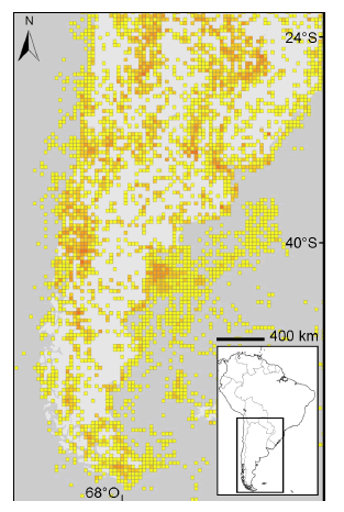Distribuci�n de los registros para mam�feros en Argentina (basados en especimenes de museo, observaciones y literatura, tomado de GBIF). Cada cuadr�cula corresponde a un cuadrado de 25 km de lado. Los tonos del amarillo al naranja oscuro son indicativos del n�mero de registros (gris, <10; amarillo, entre 10 y 100; naranja, entre 100 y 1000; naranja oscuro, entre 1000 y 10000).